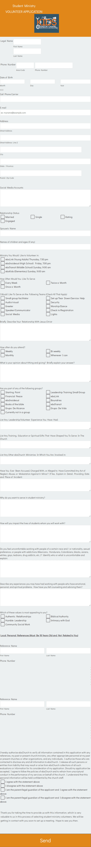 Student Ministry Volunteer Application Form Template