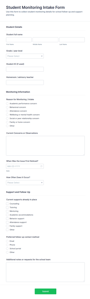 Student Monitoring Intake Form Template