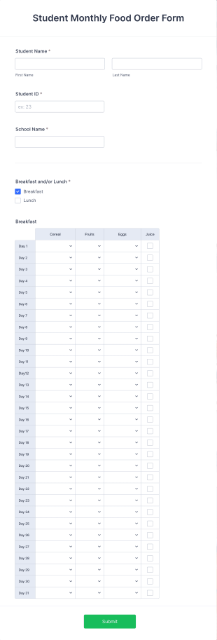 Student Monthly Food Order Form Template