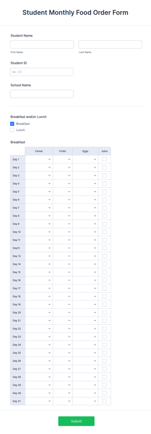Student Monthly Food Order Form Template