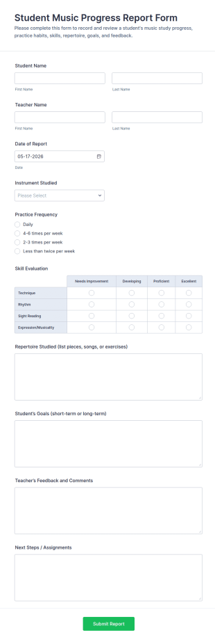 Student Music Progress Report Form Template