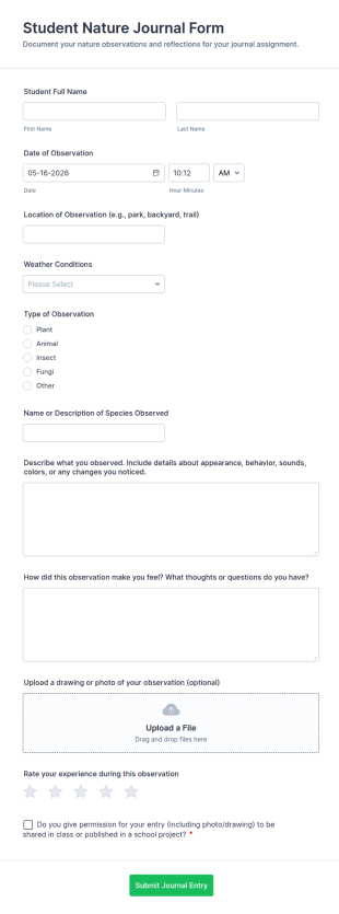 Student Nature Journal Form Template