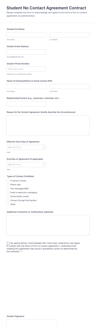 Student No Contact Agreement Contract Form Template