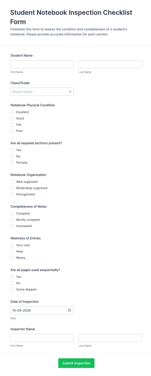 Student Notebook Inspection Checklist Form Template