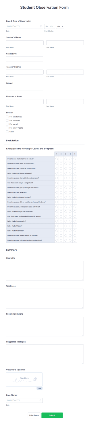Student Observation Form Template
