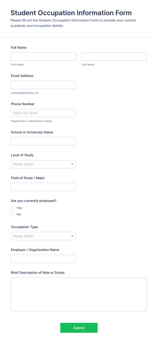 Student Occupation Information Form Template