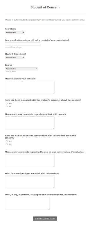 Student Of Concern Form Template
