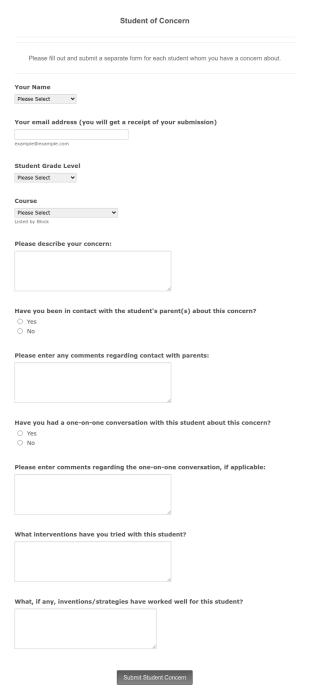 Student Of Concern Form Template