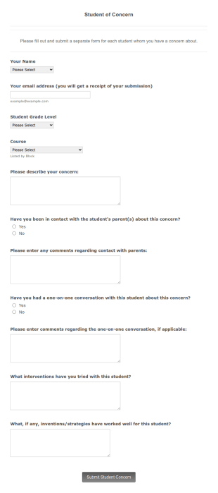 Student Of Concern Form Template