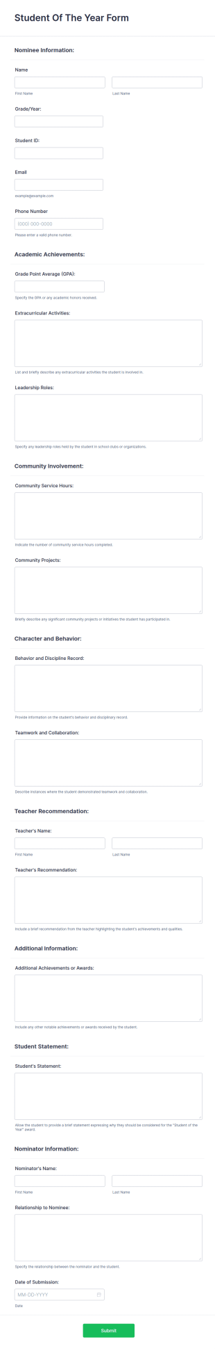 Student Of The Year Form Template