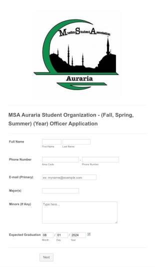 Student Officer Application Form (MSA) Form Template