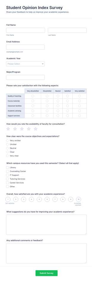 Student Opinion Index Survey Form Template