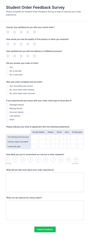 Student Order Feedback Survey Form Template