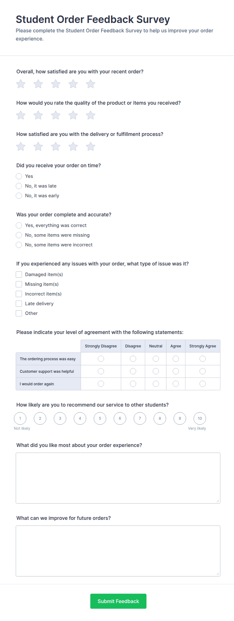 Student Order Feedback Survey Form Template | Jotform