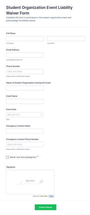 Student Organization Event Liability Waiver Form Template
