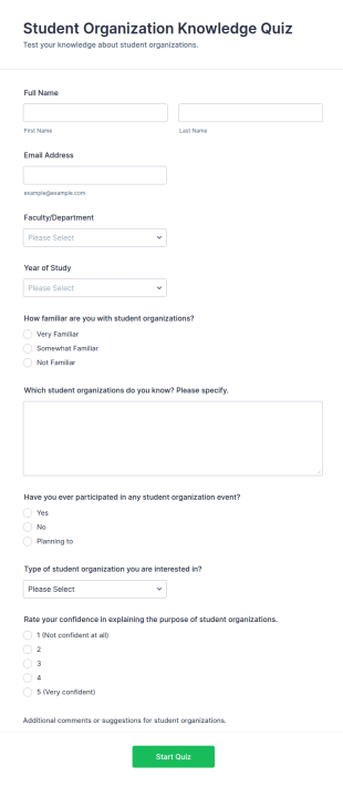 Student Organization Knowledge Quiz Form Template