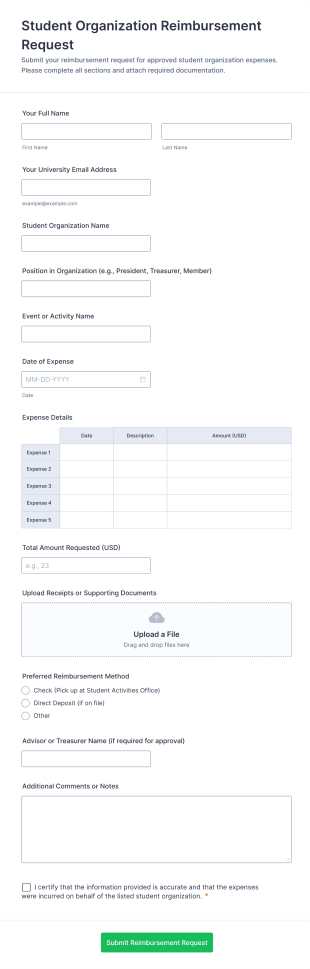 Student Organization Reimbursement Request Form Template