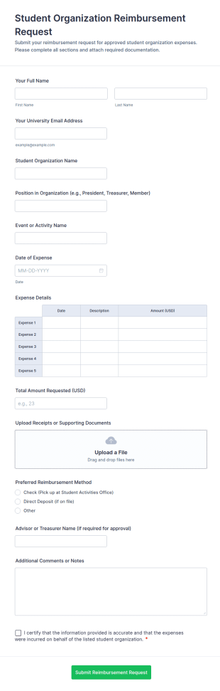 Student Organization Reimbursement Request Form Template