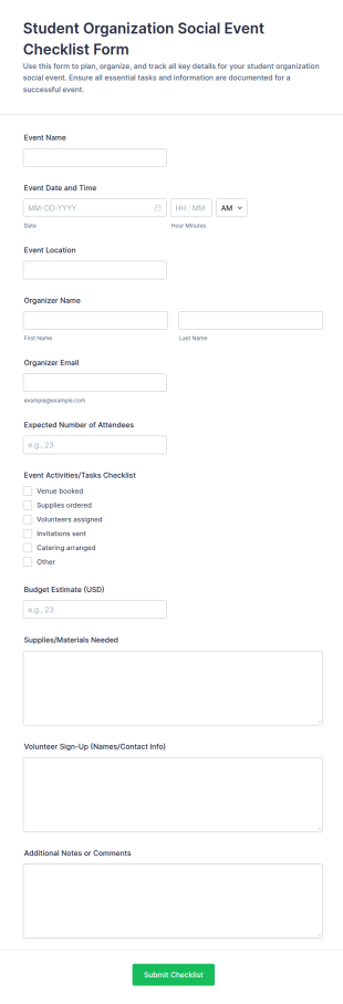 Student Organization Social Event Checklist Form Template