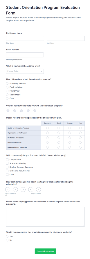 Student Orientation Program Evaluation Form Template