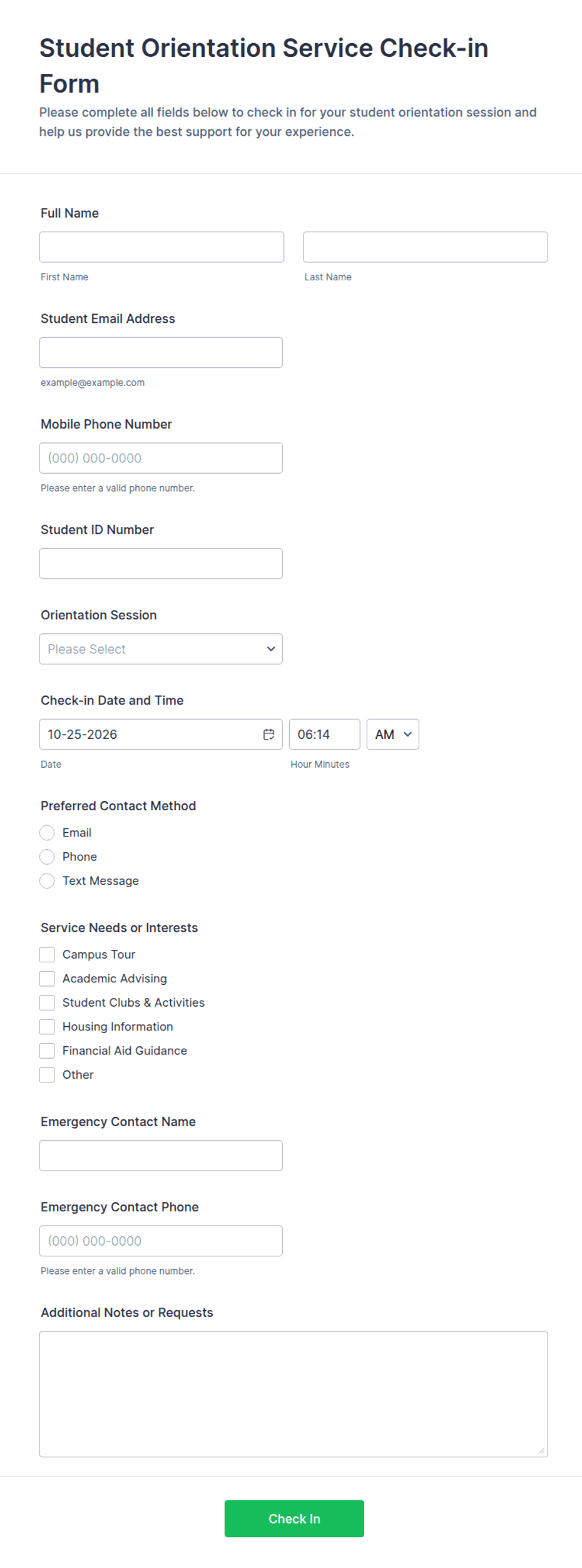 Student Orientation Service Check-in Form Template | Jotform