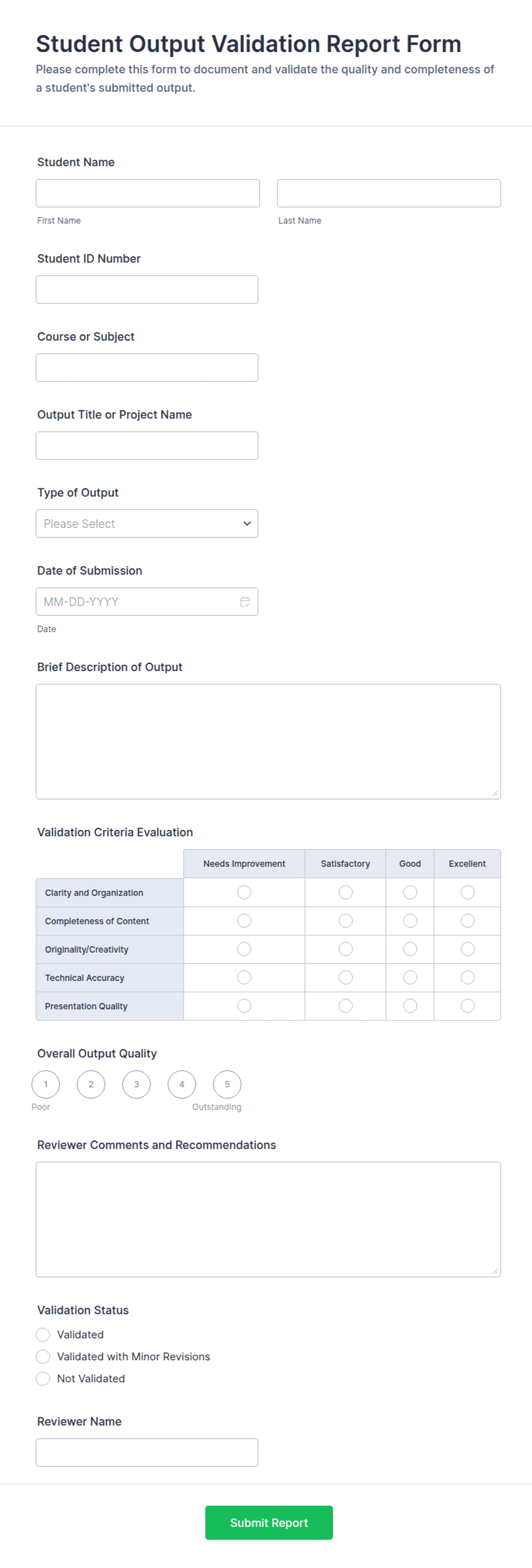 Student Output Validation Report Form Template | Jotform