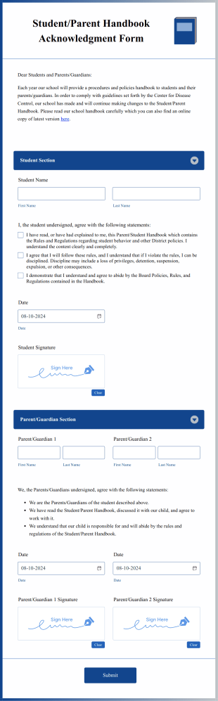 Student Parent Handbook Acknowledgment Form Template