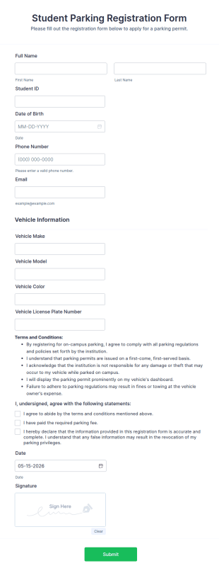 Student Parking Registration Form Template