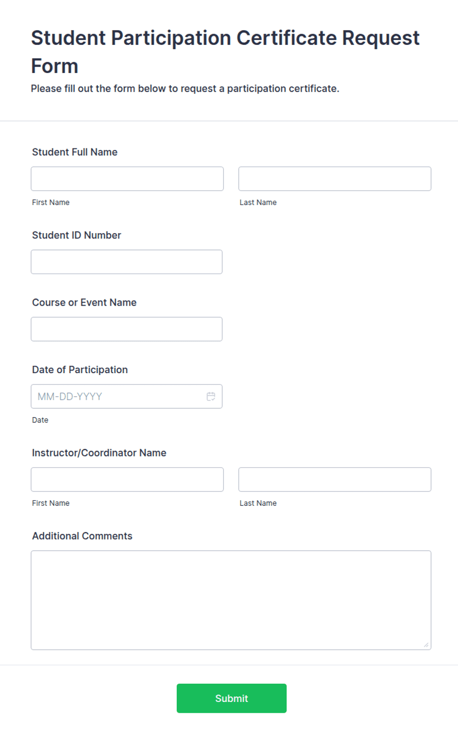 Student Participation Certificate Request Form Template | Jotform
