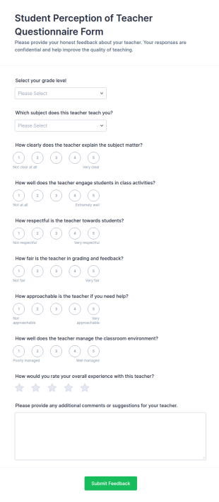 Student Perception Of Teacher Questionnaire Form Template
