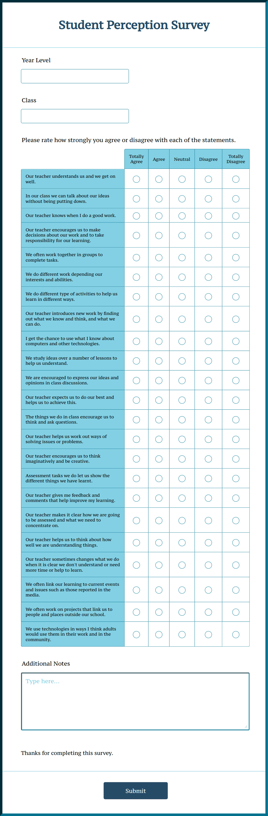 Student Perception Survey Form Template | Jotform