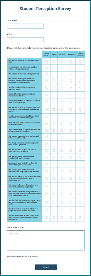 Student Perception Survey Form Template
