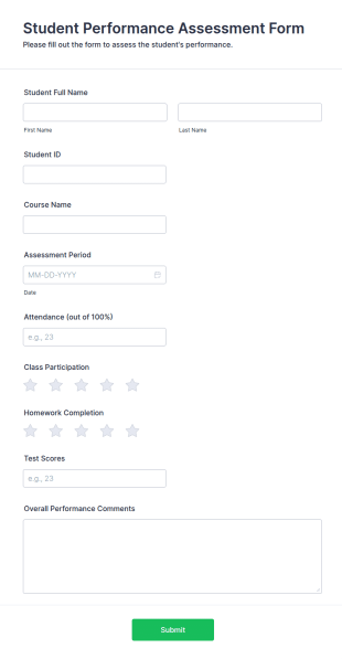 Student Performance Assessment Form Template