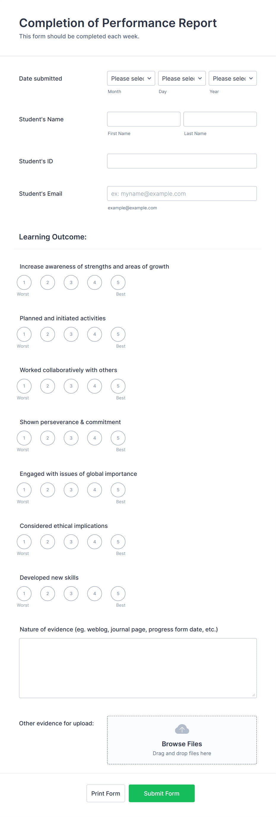 Student Performance Evaluation Form