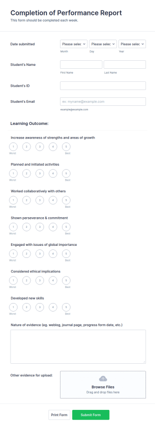 Student Performance Evaluation Form Template