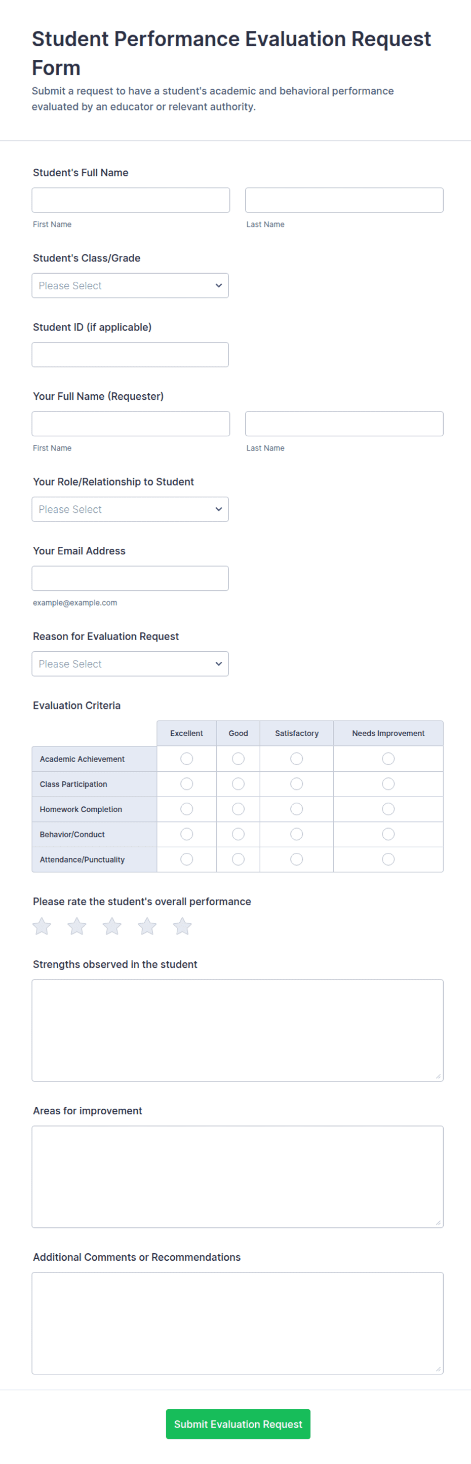 Student Performance Evaluation Request Form Template | Jotform