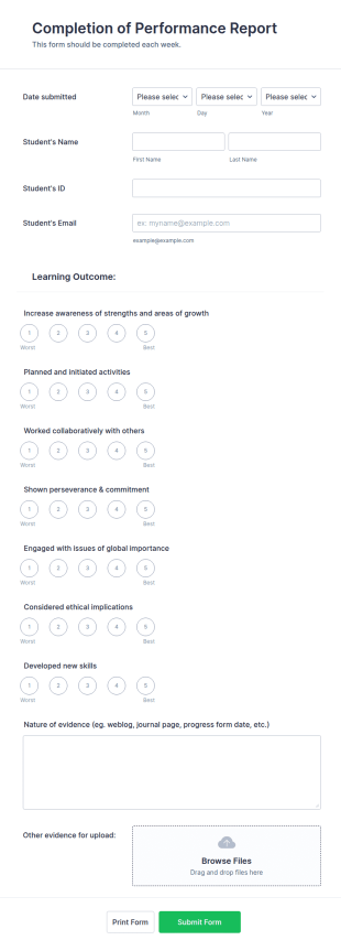 Student Performance Evaluation Form Template