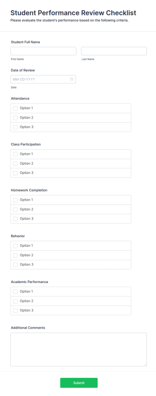Student Performance Review Checklist Form Template