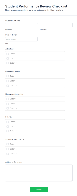 Student Performance Review Checklist Form Template