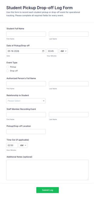 Student Pickup Drop Off Log Form Template