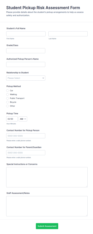Student Pickup Risk Assessment Form Template