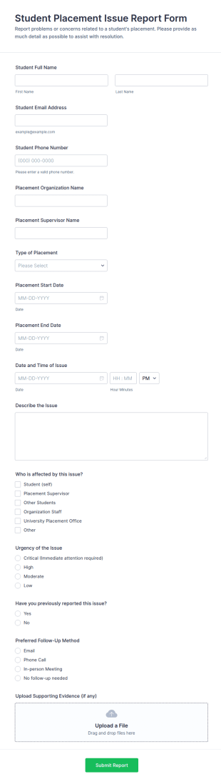 Student Placement Issue Report Form Template