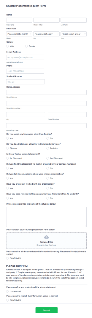 Student Placement Request Form Template