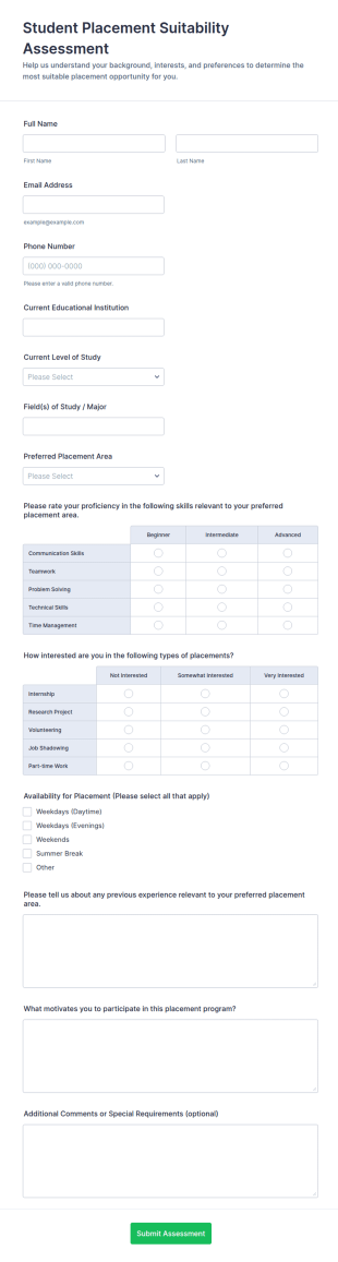 Student Placement Suitability Assessment Form Template