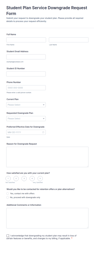 Student Plan Service Downgrade Request Form Template