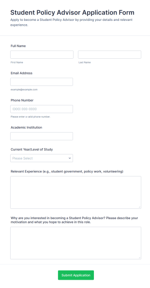 Student Policy Advisor Application Form Template