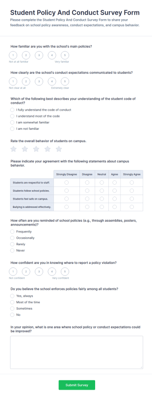 Student Policy And Conduct Survey Form Template