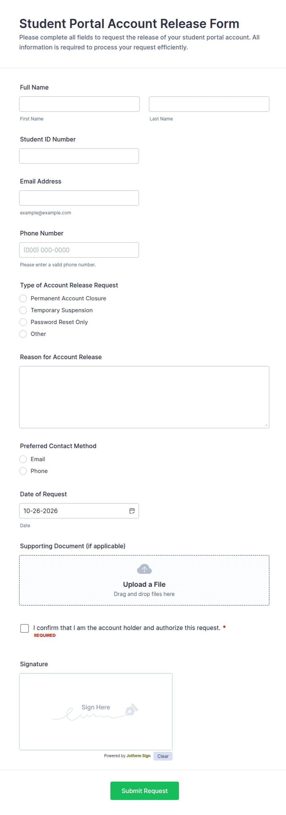 Student Portal Account Release Form Template | Jotform