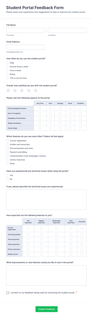 Student Portal Feedback Form Template