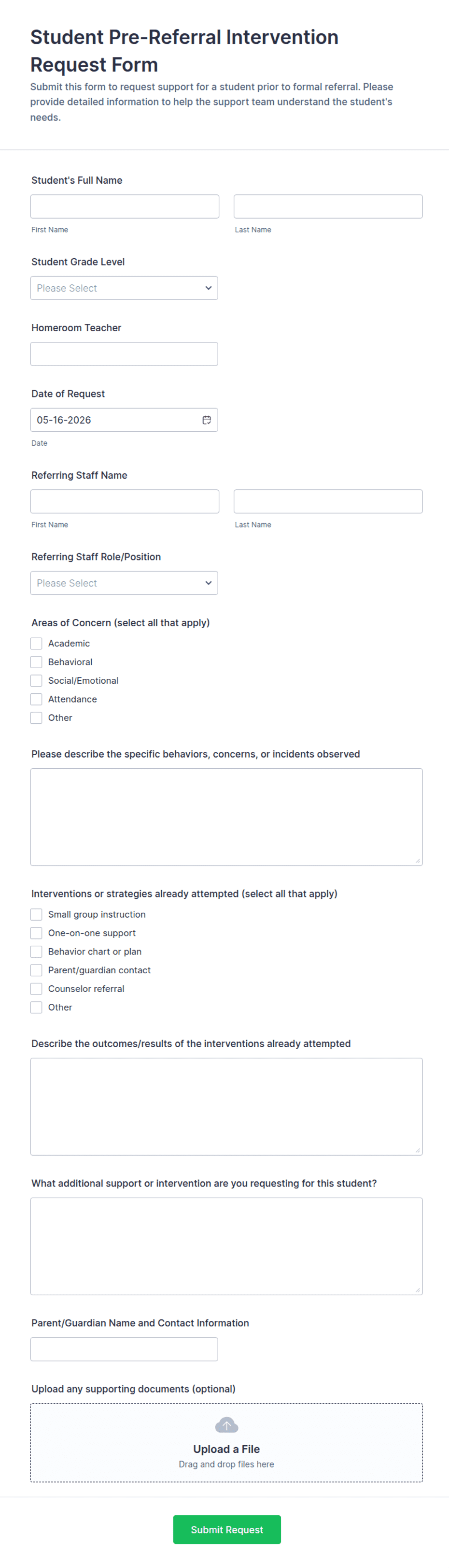 Student Pre-Referral Intervention Request Form Template | Jotform